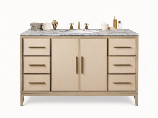 Malone Wide Single Vanity, bone oak frame, gray marble top, oval sink, brass faucet, bone shagreen panels, 6 drawers & 2 doors.