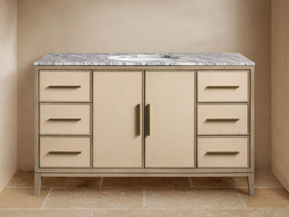 Malone Wide Single Vanity, bone oak frame, gray marble top, oval sink, brass faucet, bone shagreen panels, 6 drawers & 2 doors.
