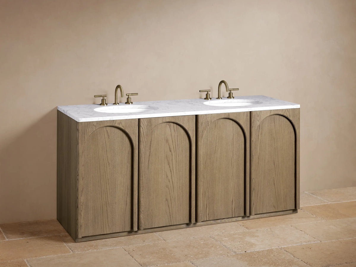 Open Provo Double Vanity cabinet with oak wood finish, displaying shelves holding folded white towels and black jars.