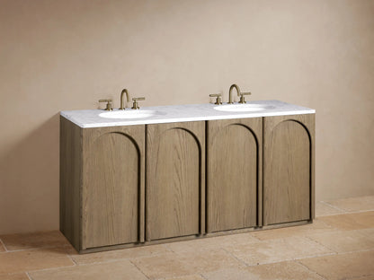 Open Provo Double Vanity cabinet with oak wood finish, displaying shelves holding folded white towels and black jars.