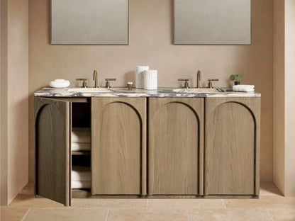 Oak Provo Double Vanity with marble top and two undermount sinks. Features soft-close arched doors and bronze faucets in a tiled bathroom.