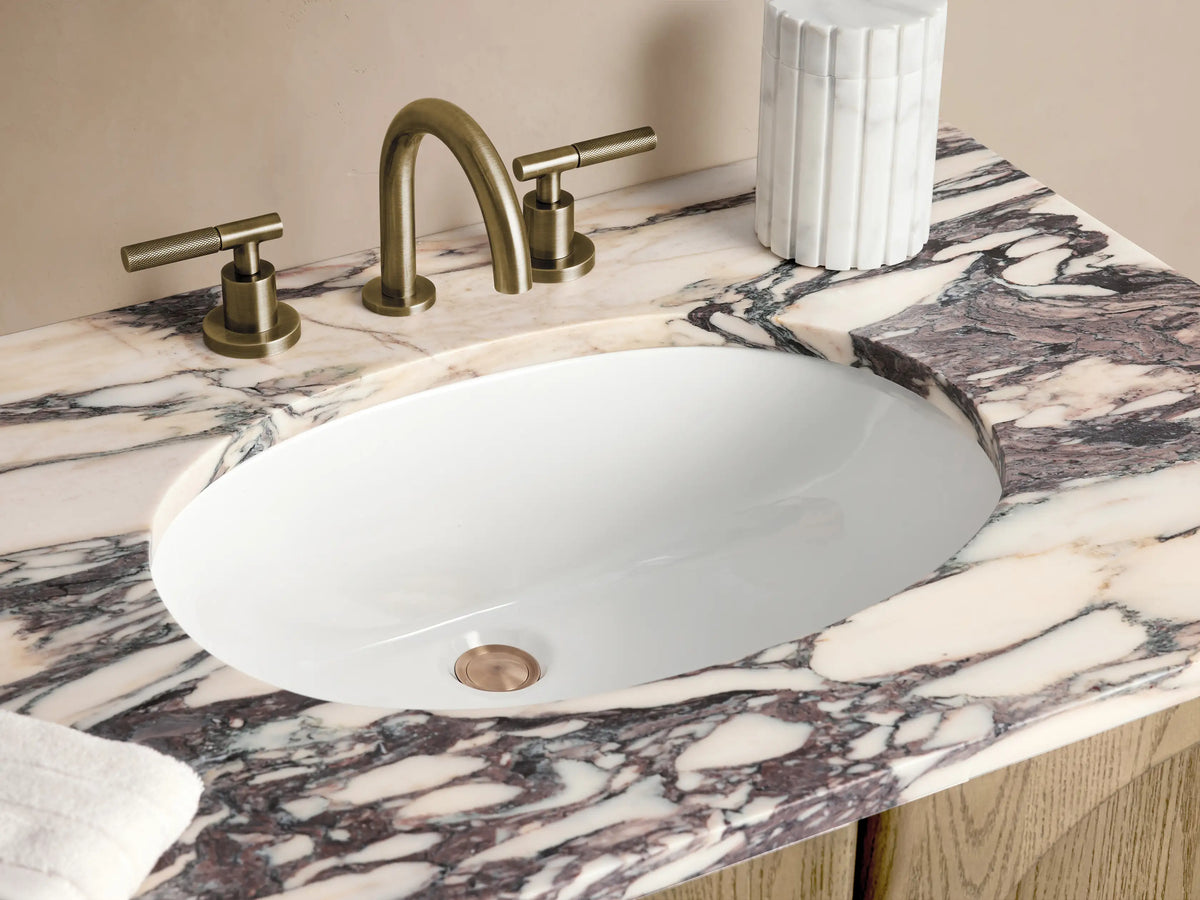 Provo Double Vanity with four arched oak wood doors, stone top with distinct veining, set against a neutral backdrop.