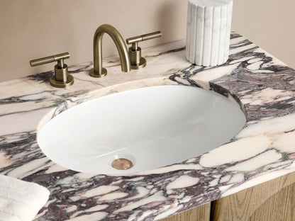 Provo Double Vanity with four arched oak wood doors, stone top with distinct veining, set against a neutral backdrop.