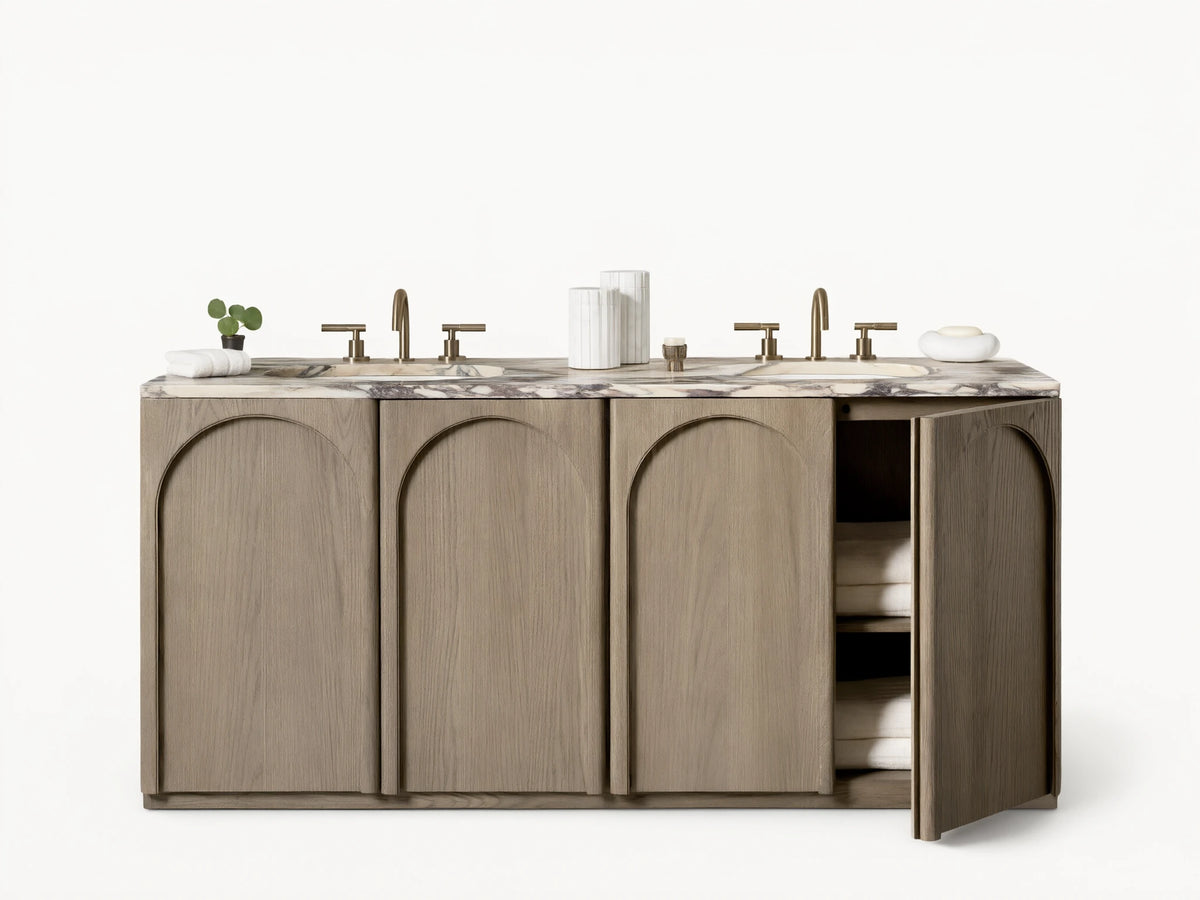 Oak Provo Double Vanity with marble top and two undermount sinks. Features soft-close arched doors and bronze faucets in a tiled bathroom.