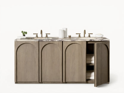 Oak Provo Double Vanity with marble top and two undermount sinks. Features soft-close arched doors and bronze faucets in a tiled bathroom.