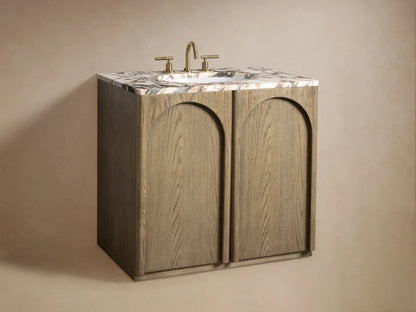 Provo Single Vanity with open oak cabinet, showing shelves with towels and items. Marble top features unique veining.