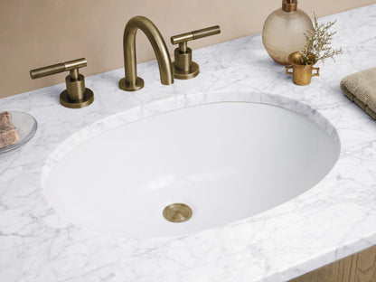 Provo Single Wide Vanity in oak wood, featuring three arched doors, marble top, and an oval ceramic sink, in a neutral-toned bathroom.