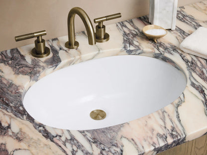 Provo Single Wide Vanity features an oak finish with three arched front panels and a marble stone top with unique veining patterns.