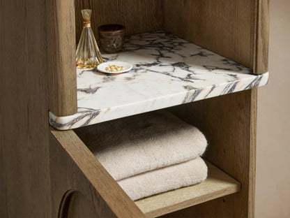 Provo Etagere with oak wood frame, featuring four open shelves above a soft-close cabinet. Stone top, arched cabinet door.