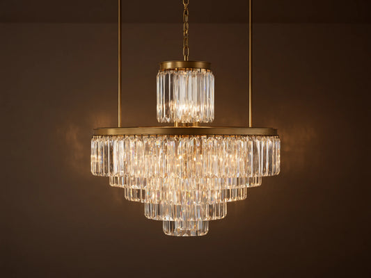 Leyland Chandelier, a tiered crystal fixture with clear rectangular prisms and an antique brass frame, glowing warmly against a plain wall.