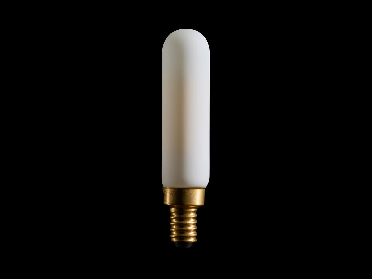 A white tubular light bulb with a frosted finish, set against a black background. It features a gold screw base at the bottom.