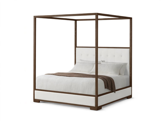 Front view of the Darien Box-Tufted Canopy Bed with a dark oak frame, white box-tufted headboard, and white upholstered base.
