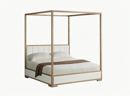 Darien Channel-Stitched Canopy Bed. Light oak frame, white channel-stitched headboard & base, light beige bedding with brown throw.