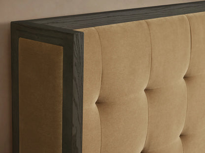 Darien Box-Tufted Shelter Bed: Dark wood frame, tan box-tufted headboard, white bedding, brown throw blanket.