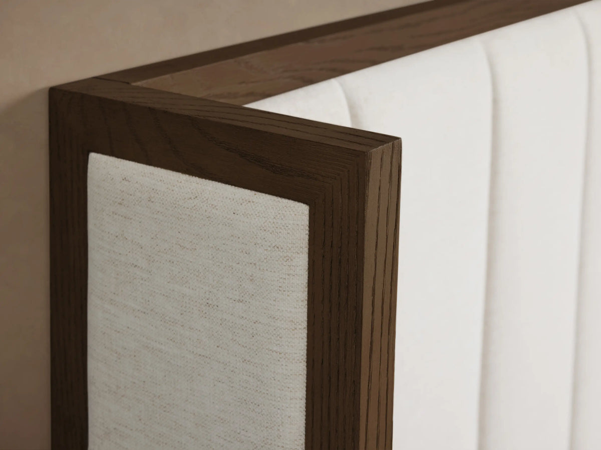 Front view of the Darien Channel-Stitched Shelter Bed with a dark wood frame, white channel-stitched upholstered headboard.