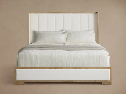 Darien Channel-Stitched Shelter Bed: light oak frame, white channel-stitched headboard & side rails, white bedding, grey throw.