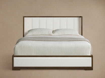 Front view of the Darien Channel-Stitched Shelter Bed with dark brown oak frame and white channel-stitched upholstered panels.