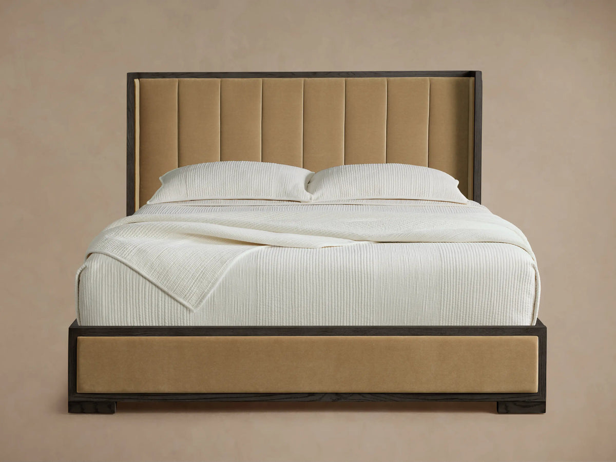 Darien Channel-Stitched Shelter Bed: dark wood frame, tan channel-stitched headboard & side panels, with white bedding.