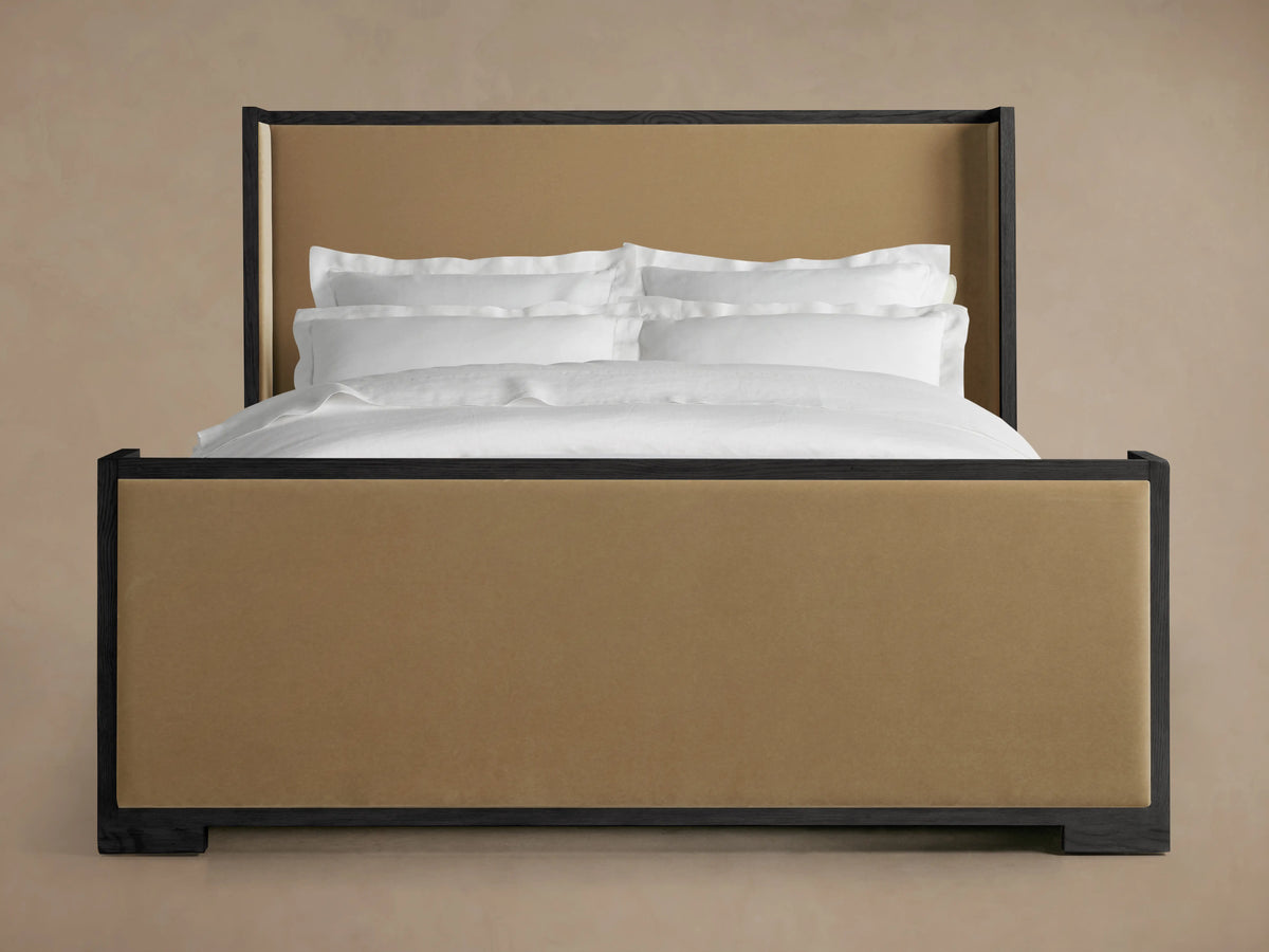 Darien Shelter Bed with high footboard, oak veneer and solid oak frame, upholstered panels, beige and dark wood finish.