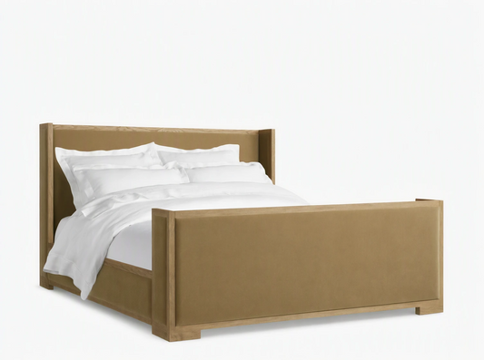 Darien Shelter Bed with High Footboard in oak wood, featuring upholstered panels and white bedding, on hardwood floor.