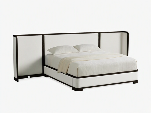 Darien Extended Curved Shelter Bed with white upholstered frame and a wide, dark-trimmed curved headboard, white bedding.