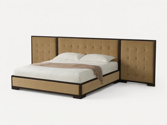 Darien Extended Box-Tufted Panel Bed with tan upholstered box-tufted headboard panels, dark wood frame, white bedding, on wood floor.