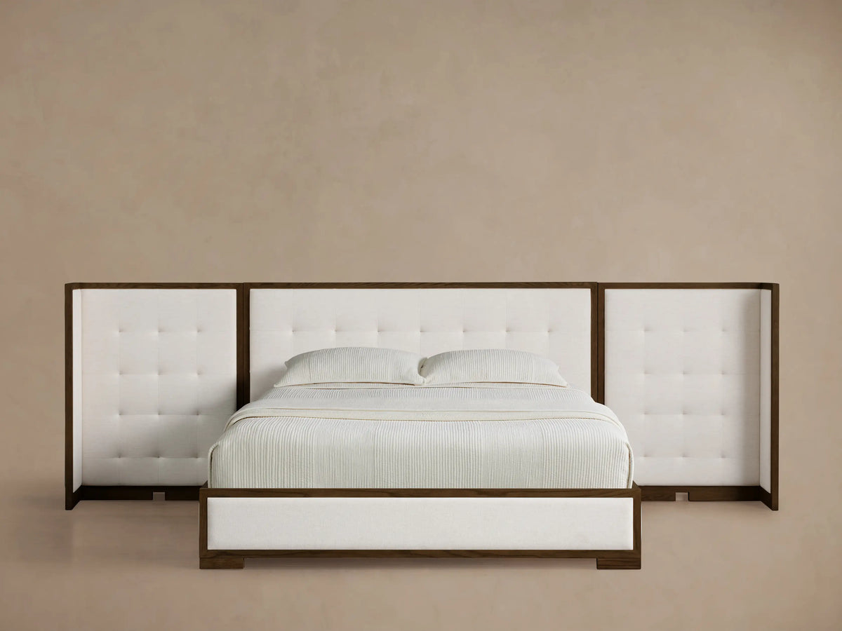 Front view of the Darien Extended Box-Tufted Shelter Bed with dark oak frame, white box-tufted headboard, and side panels.