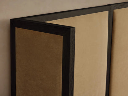 Darien Extended Shelter Bed: Dark wood frame, tan upholstered headboard & side rails, white bedding on a neutral wall.