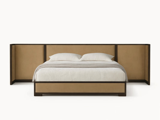 Darien Extended Shelter Bed with dark oak frame, tan upholstered headboard & frame, white bedding, gray throw, wood floor.