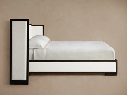 Darien Extended Channel-Stitched Shelter Bed corner. Dark oak frame and textured cream channel-stitched panels.