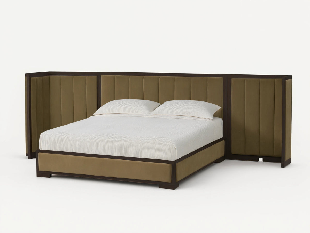 Darien Extended Channel-Stitched Shelter Bed with beige upholstered panels, dark wood frame, white bedding, wood floor.