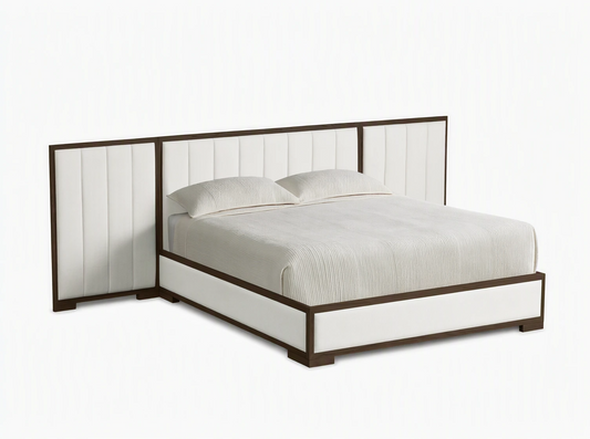 Front view of the Darien Extended Channel-Stitched Panel Bed, featuring a brown wooden frame and white channel-stitched upholstered panels, with white bedding.