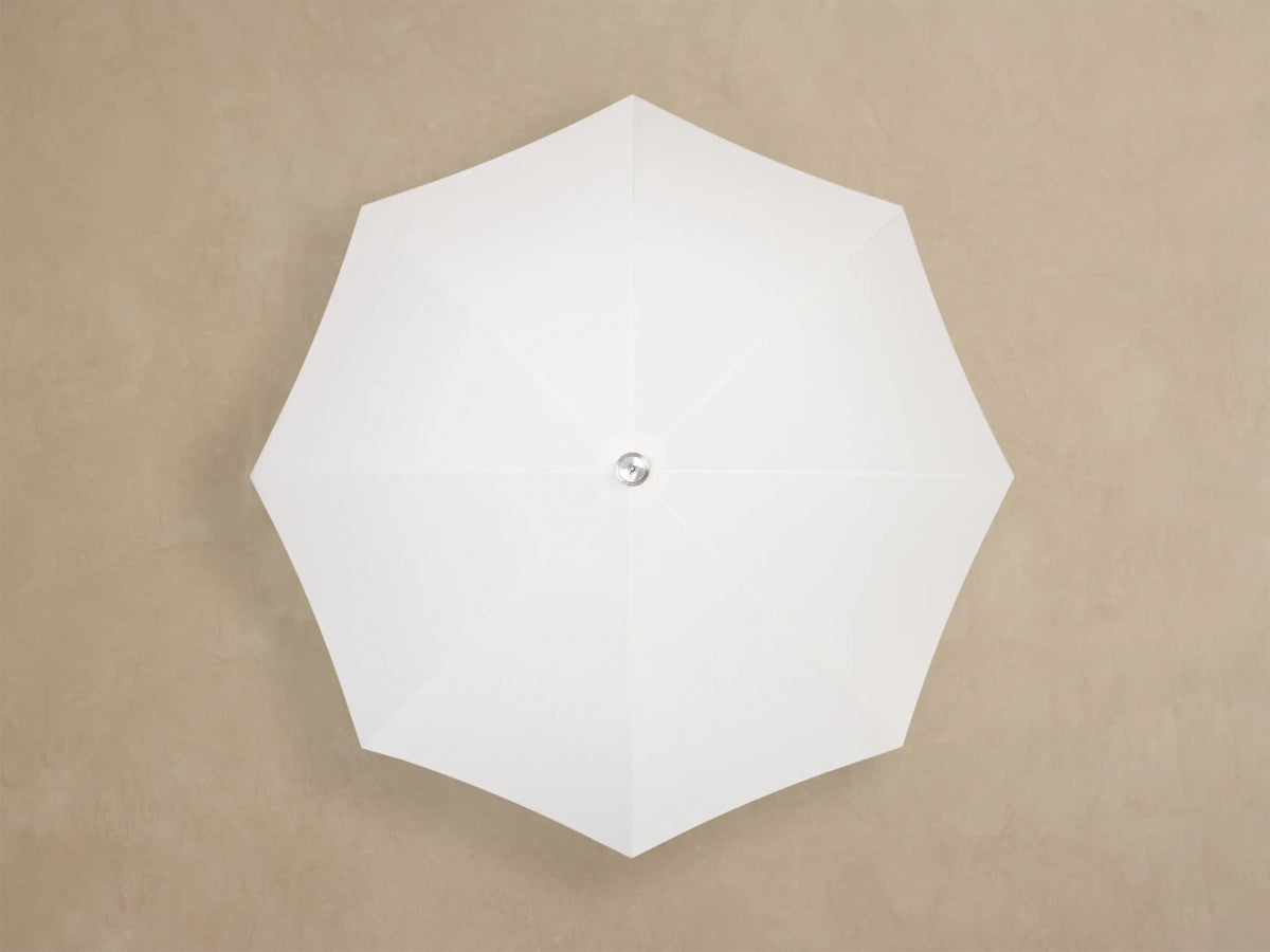 Overhead view of a white octagonal umbrella with a silver center cap.