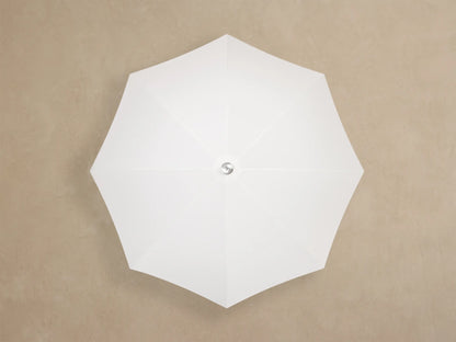 Overhead view of a white octagonal umbrella with a silver center cap.