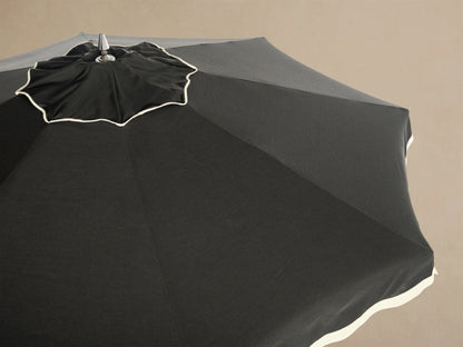 Underside view of a dark gray patio umbrella with a white frame and central pole. It has a white scalloped edge.