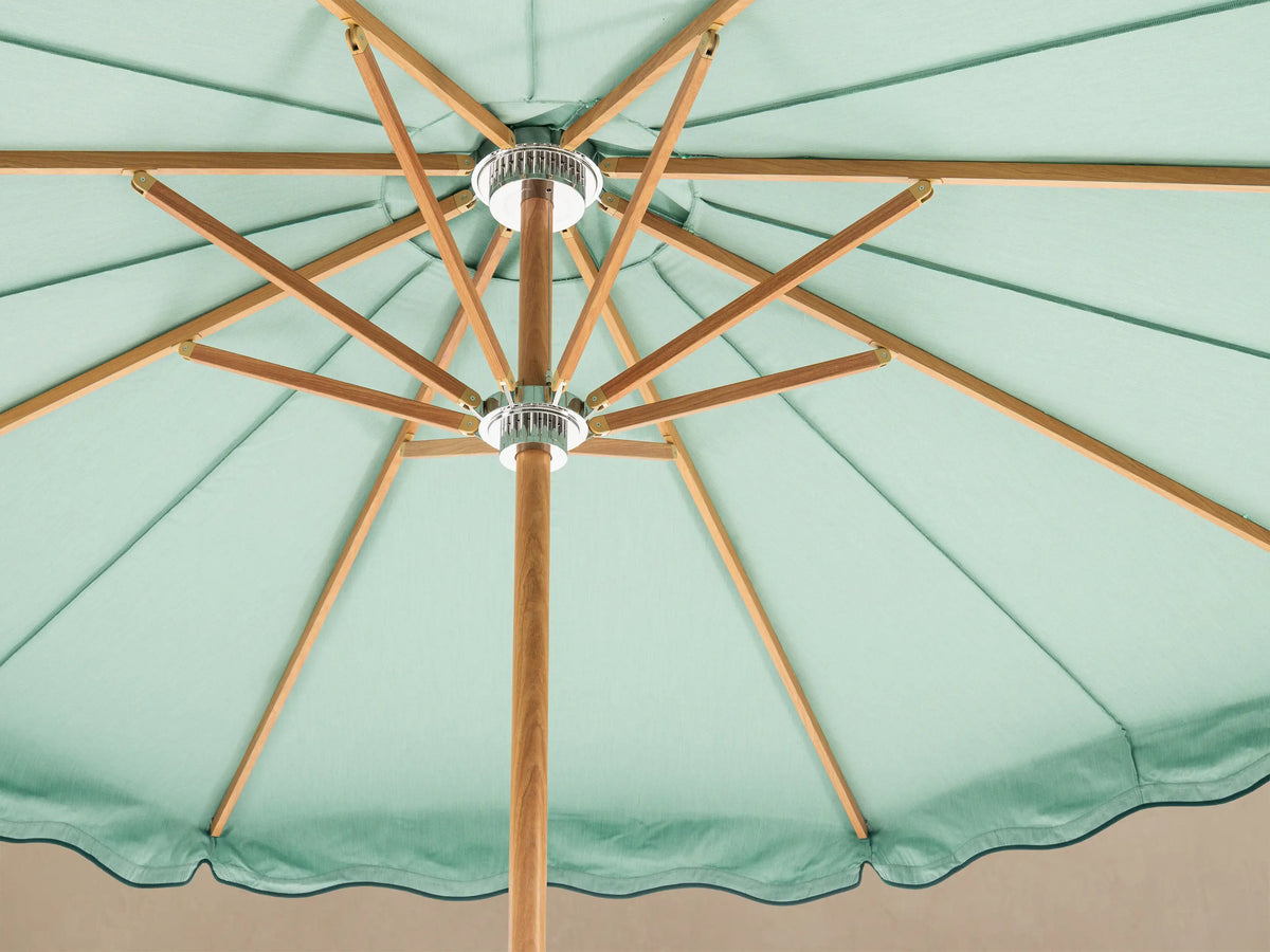 Front view of a light green patio umbrella with a wooden pole and a white base, featuring a scalloped edge with dark green trim.