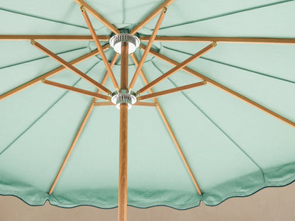 Front view of a light green patio umbrella with a wooden pole and a white base, featuring a scalloped edge with dark green trim.