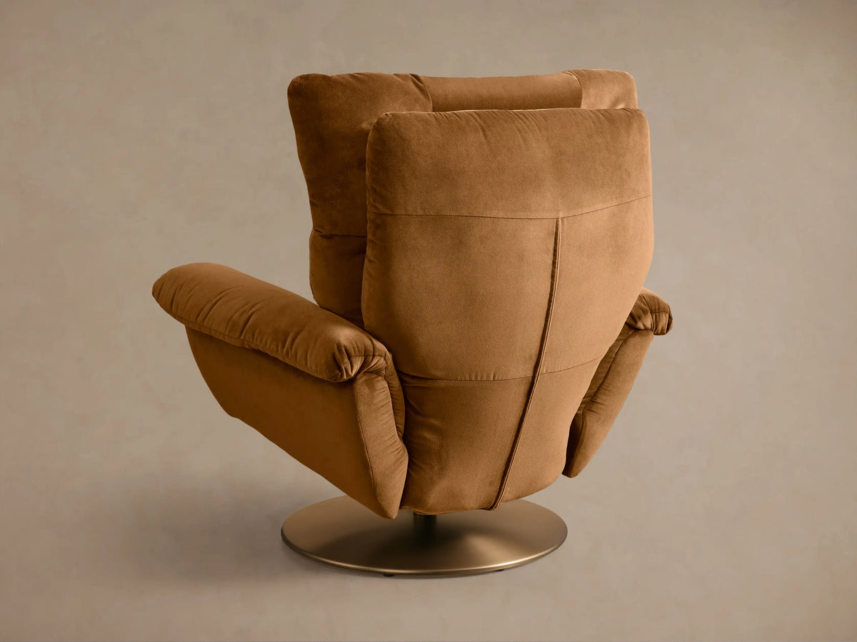 Close-up of the Cognac velvet fabric on the Deacon Swivel Recliner.