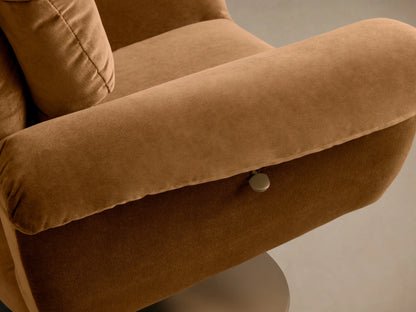 Rear view of the brown velvet Deacon Swivel Recliner with plush cushioning and a metallic swivel base.