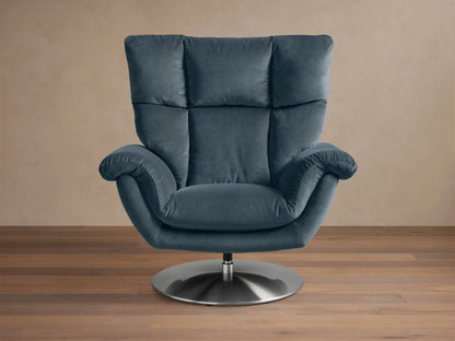 Front view of the Slate Blue Deacon Swivel Recliner, showing its high back, padded armrests, side lever, and metallic swivel base.