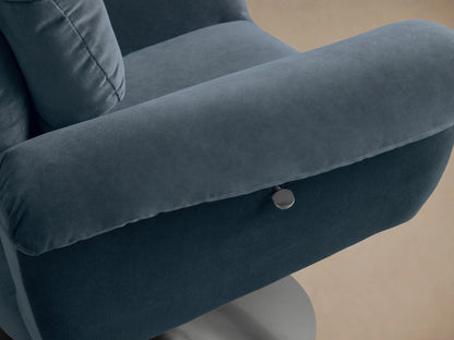 Front view of the Dusty Blue Deacon Swivel Recliner, with a padded back, rolled arms, and a silver swivel base.