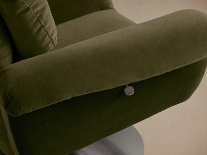 Front view of the Olive Deacon Swivel Recliner with a high, plush back, rolled arms, and a silver swivel base.