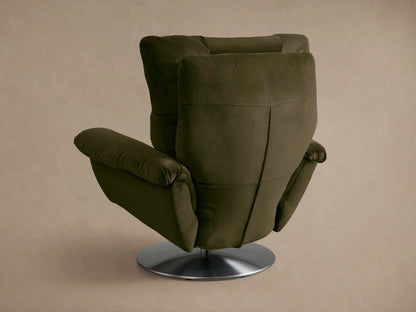 Angled close-up of the olive green Deacon Swivel Recliner, highlighting its plush velvet, segmented backrest and armrest.