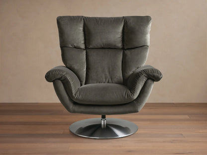 Front view of the deep green Deacon Swivel Recliner, featuring a padded backrest, plush cushions, and a silver swivel base.