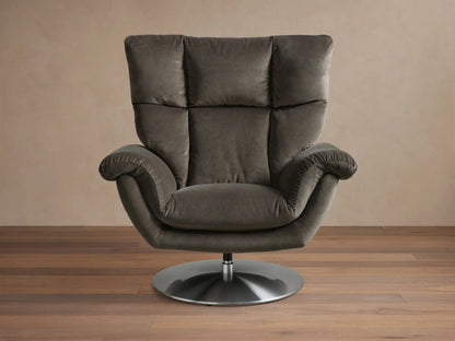 Angled rear view of the Dark grey Deacon Swivel Recliner, showing its padded back, armrests, and silver swivel base.