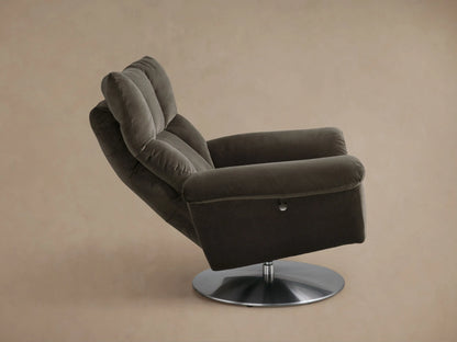 Front view of the dark gray Deacon Swivel Recliner with plush cushions and a round metallic base.