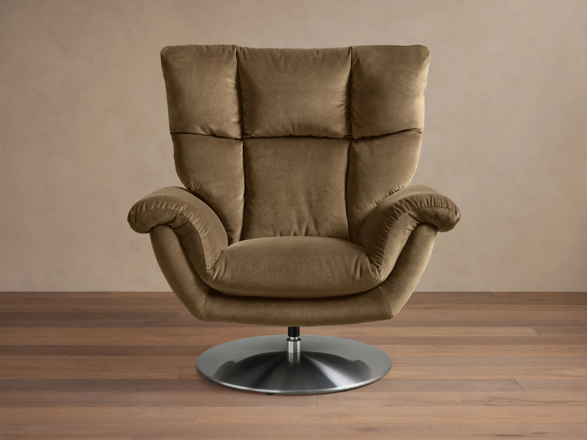 Front view of the mocha Deacon Swivel Recliner, upholstered in plush fabric, with a padded back and silver swivel base.