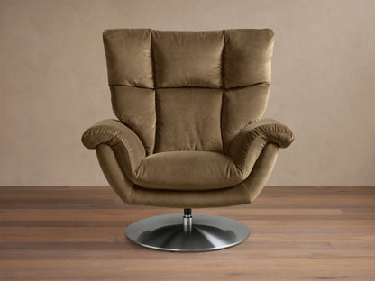 Front view of the mocha Deacon Swivel Recliner, upholstered in plush fabric, with a padded back and silver swivel base.