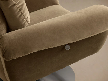 Front view of the brown Deacon Swivel Recliner with plush upholstery, segmented back, rolled arms, and a silver swivel base.