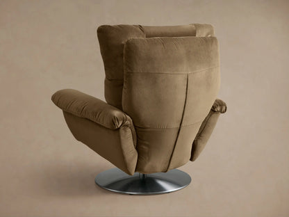 Close-up of the taupe Deacon Swivel Recliner, showing its plush, segmented back cushioning and armrest.